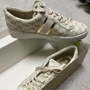 Michael Kors Cream and Gold Sneakers with Monogram Pattern, Size 10 - New